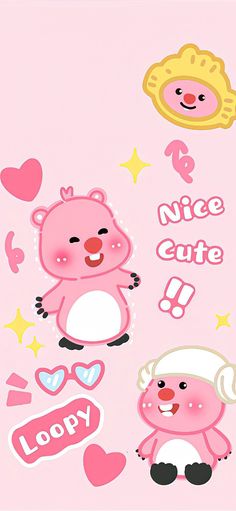 two pink bears are standing next to each other on a pink background with hearts and stars