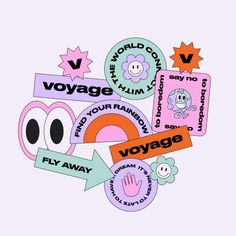 various stickers with different words and symbols in the shape of an ovoage