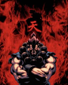 an image of a man with his arms crossed in front of red flames and black background