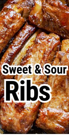 some meat is cooking on a grill with the words sweet and sour ribs