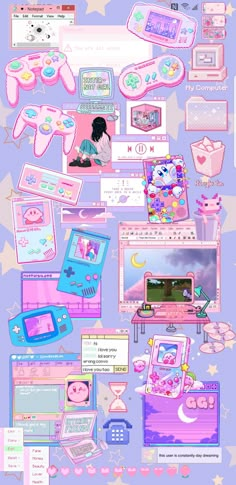 a bunch of different items are arranged in the shape of a collage with pink and blue