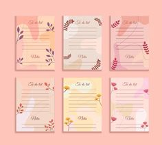 four cards with flowers and leaves in paste colors on a pink background, set of four