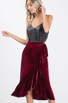 Velvet Ruffled Wrap Midi Skirt | Say More Boutique Bday Photoshoot, Winter Sewing, Wrap Midi Skirt, Velvet Tie, 30th Bday, Retro Styles, Skirt Trends, Nice Outfits, Soft Feminine