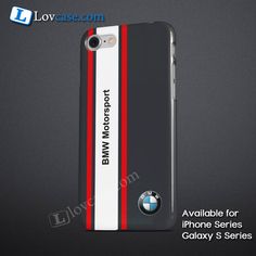 an iphone case with the bmw logo and red, white, and black stripes on it