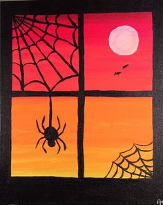 a painting of a spider on a web in front of a window with the sun setting