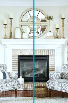 a living room filled with furniture and a clock on top of the fireplace mantel