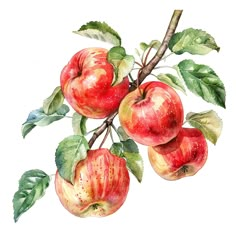 an apple tree branch with red apples and green leaves on it, painted in watercolor