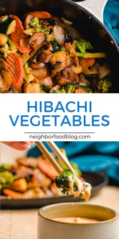 broccoli, carrots and other vegetables in a pan with chopsticks