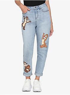 Get ready for some mischief with dynamic duo, Chip 'n' Dale! These light wash mom jeans feature the chipmunks on the front of both pant legs and an image of acorns on the back right pocket. 5-pocket styling, cuffed leg openings and button and zipper closure. 97% cotton; 1% spandex; 2% other Wash cold; dry low Imported Listed in junior sizes Disney Jeans, Disney Chip, Birthday Clothes, Chip N Dale, Disneyland Outfits, Culture Clothing, Her Universe, Chip And Dale, Painted Jeans