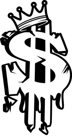 a black and white drawing of a dollar sign with a crown on it's head