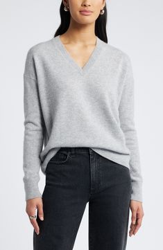 Knit from lightweight cashmere, this rib-trimmed sweater has a supersoft feel and a classic fit that's ready to take you through the seasons. V-neck Long sleeves 100% cashmere Dry clean Imported Grey Vneck Sweater, Fall Winter Fashion Trends, Gray Cashmere Sweater, Gray Cashmere, The Seasons, Cashmere Sweater, Sleeve Sweater, Cashmere Sweaters, Vneck Sweater