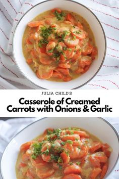 two bowls filled with carrots and onions in white sauce, one is topped with parsley