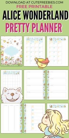 the alice wonderland pretty planner is shown in this printable version with pictures and text