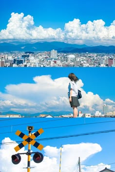 two pictures of a woman standing on top of a building