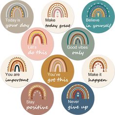 six rainbow magnets with different sayings on them