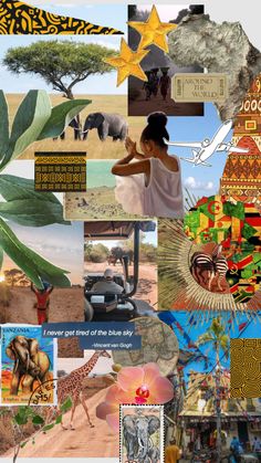 a collage of pictures with animals, trees, and other things in them that are all over the place