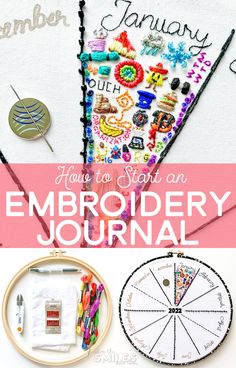 an embroidery project with the words how to start an embroidery journal written in white and pink