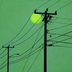 power lines and telephone poles against a green background with the sun setting in the distance