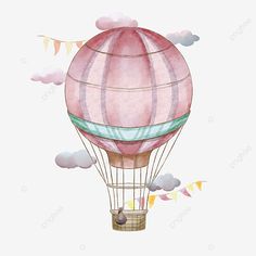 a pink hot air balloon flying through the sky with clouds on it's side