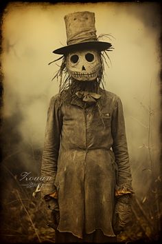 a creepy scarecrow wearing a top hat and trench coat