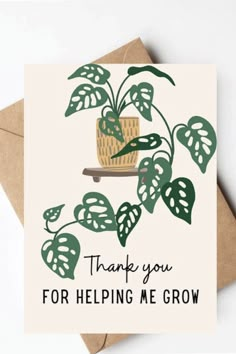 thank you for helping me grow card with a potted plant on the front and bottom