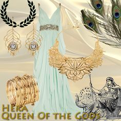 a woman in a blue dress surrounded by jewelry and feathers with the words, hera queen of the gods