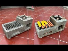 two cement grills sitting on top of a red tiled floor next to each other