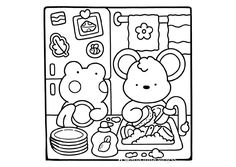 a black and white drawing of two teddy bears cooking in a kitchen with food on the counter