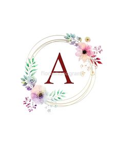 the letter is surrounded by watercolor flowers and greenery in a circle on a white background