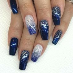 Blue Prom Nails, Stars Nails, Blue And Silver Nails, Blue Nail Color, Blue Coffin Nails, Blue Glitter Nails, Navy Blue Nails, Floral Nail Designs, Homecoming Nails Acrylic