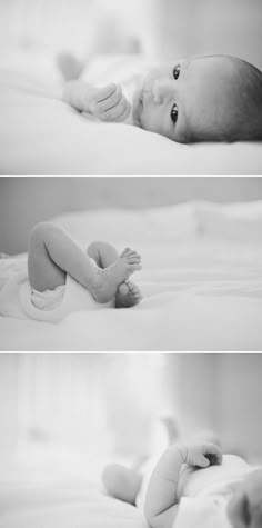 two pictures of a baby laying on top of a bed