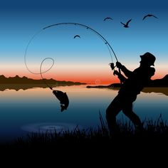 the silhouette of a man fishing at sunset with birds in the sky and water behind him