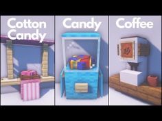 Minecraft Cat Play Area, Minecraft Cash Register Ideas, Minecraft Game Room Ideas, Coffee Machine Minecraft, Minecraft Drink Machine, Carnival Minecraft Ideas, Candy Minecraft Builds, Minecraft Cute Decor, Minecraft Candy Build