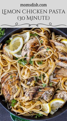 lemon chicken pasta in a cast iron skillet