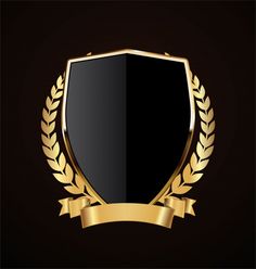 a black shield with gold laurels and ribbon on a dark background, suitable for text or image