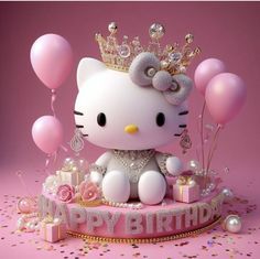 a hello kitty figurine sitting on top of a birthday cake surrounded by balloons and confetti