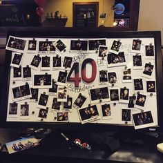 a table with pictures and magnets on it that says 40 years old, surrounded by other photos