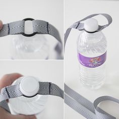 the instructions for how to tie a water bottle strap around a plastic bottle with a rubber band