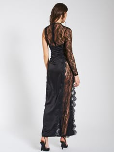 This one-lace-sleeve wonder boasts a high slit with scalloped lace trimming, creating a stunning silhouette. A teardrop-shaped cutout across the chest and sheer lace panels on both sides of the maxi dress add an extra touch of allure. Crafted from a gorgeous floral print stretch lace (unlined) and double duchess satin (lined), the dress features an invisible zipper at the center back for seamless closure. Perfect for a range of occasions, including holiday parties, a night out on the town, or ri Black Lace V Neck Dress, Boudiour Poses, Satin Clothing, Modern Qipao, Sheer Lace Dress, Duchess Satin, Guest Attire, Black Satin Dress, Wedding Attire Guest