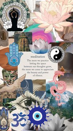 a collage of images with words and symbols on them, including an image of a lotus