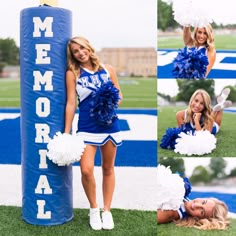 the cheerleader is posing with her pom - poms in blue and white