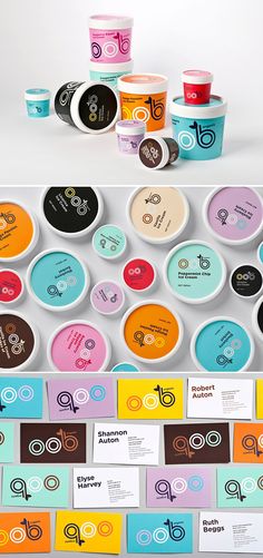 an assortment of ice creams in different colors and sizes, with labels on them