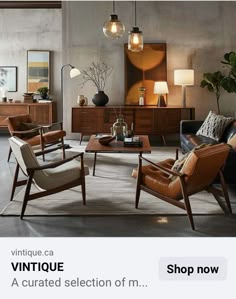 an image of a living room setting with furniture and decor on the page, which reads vintage