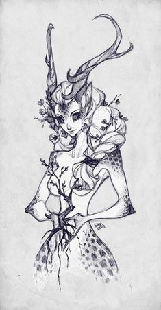 a drawing of a woman with horns and flowers on her head