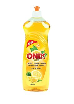 a bottle of lemon dishwash liquid on a white background with clipping to the side