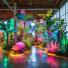 an indoor garden with colorful lights and plants