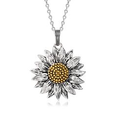 Ross-Simons - Silver, 14kt Yellow Gold Sunflower Pendant Necklace. 18". Stand tall and bloom! Our happy sunflower pendant necklace is highly detailed in sterling silver and 14kt yellow gold. Suspends from a classic cable chain with a 2" extender. Oxidized, textured and polished finishes. Springring clasp, 14kt yellow gold and sterling silver sunflower pendant necklace. Sunflower Necklace Silver, Happy Sunflower, Pretty Jewelry Necklaces, Sunflower Pendant, Sunflower Necklace, Pretty Jewelry, Fine Jewels, Stand Tall, Fine Jewellery Necklace