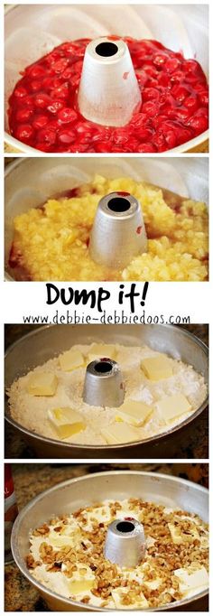 three pictures showing different stages of how to make dump it in a cake pan and then put the filling on top