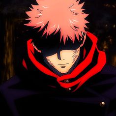 an anime character with pink hair wearing a black coat and red scarf over his head