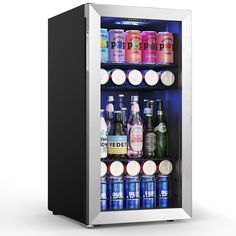 an image of a mini fridge filled with drinks